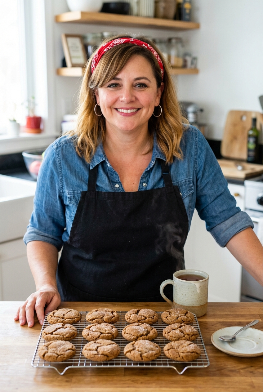 Freshly baked spiced cookies cooling on a wire rack with a cup of tea nearby