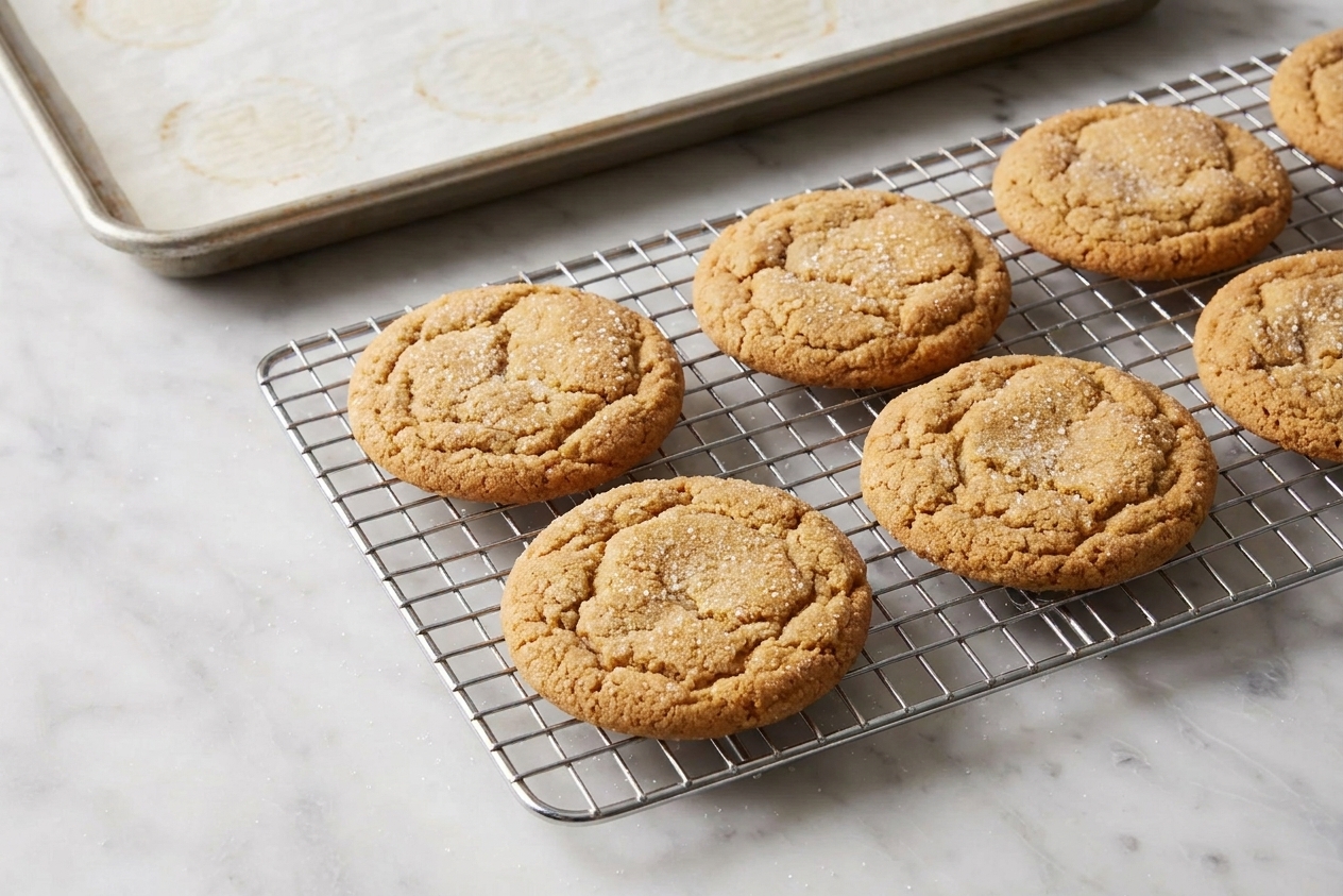 Freshly baked spiced sugar cookies cooling on a wire rack with a sheet pan in the background