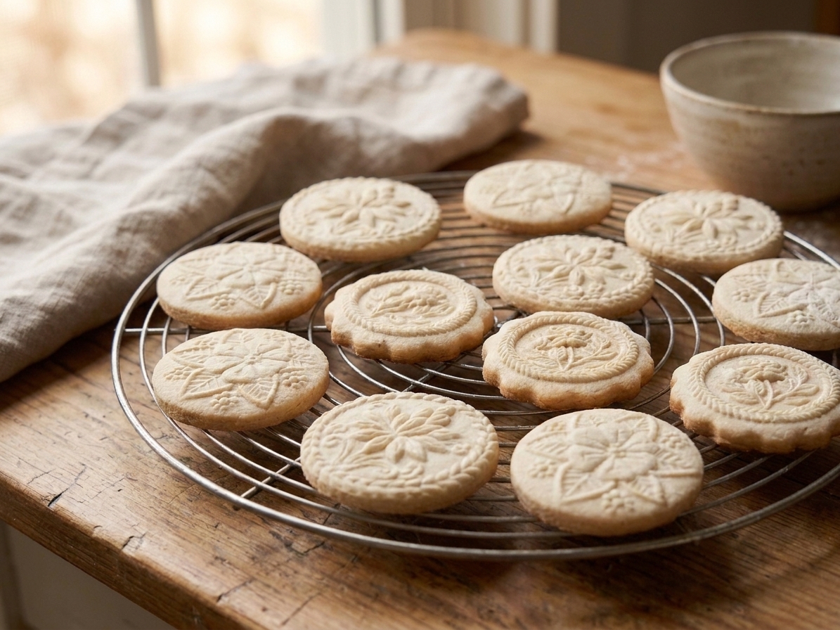 Freshly baked springerle cookies cooling on a wire rack with embossed designs visible and lightly golden bottoms