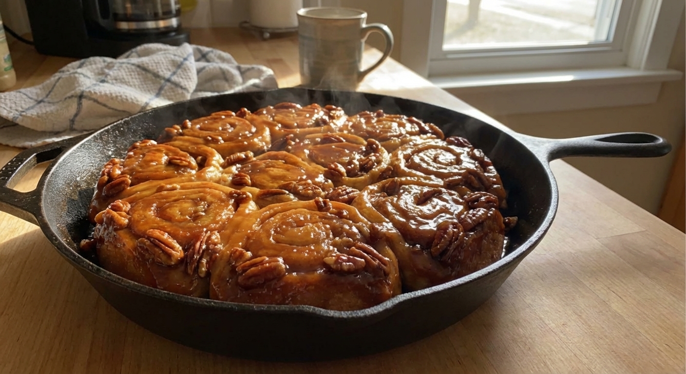 Freshly baked sticky pecan buns in a cast iron skillet, flipped so the glossy caramel glaze and toasted pecans coat the tops, warm morning kitchen light