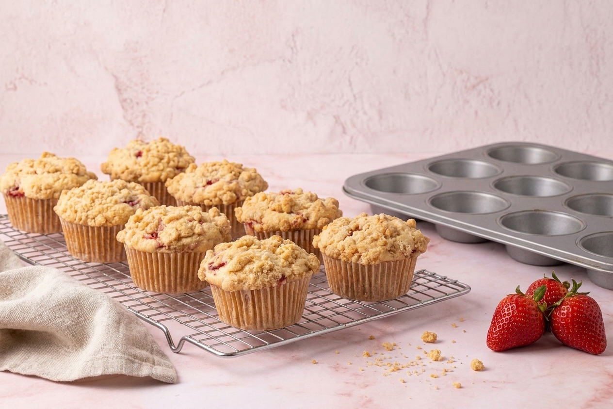Freshly baked strawberry muffins cooling on a wire rack with a muffin tin nearby on a bright kitchen counter