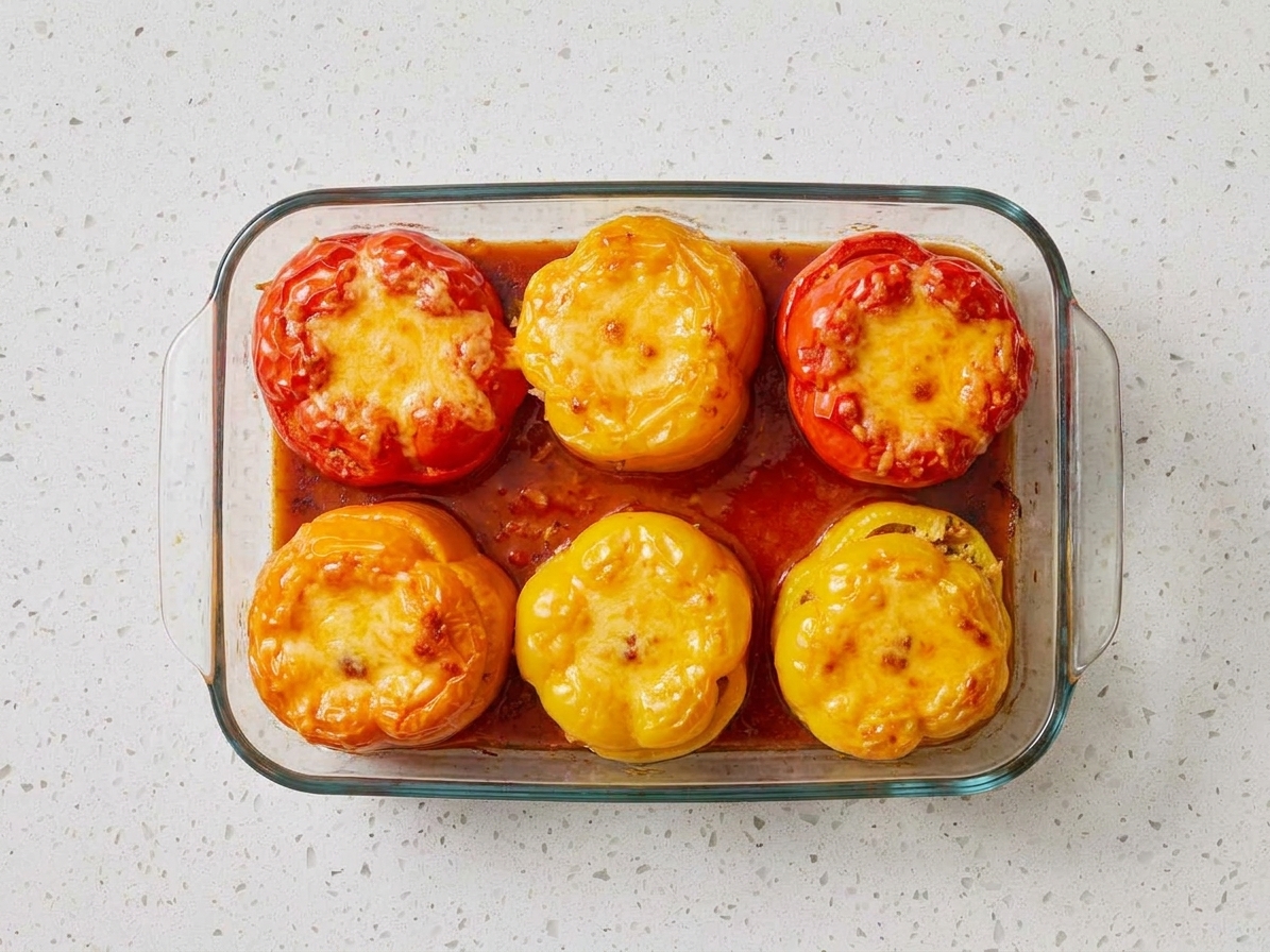 Freshly baked stuffed bell peppers topped with melted cheese in a glass baking dish with a small pool of tomato sauce around them