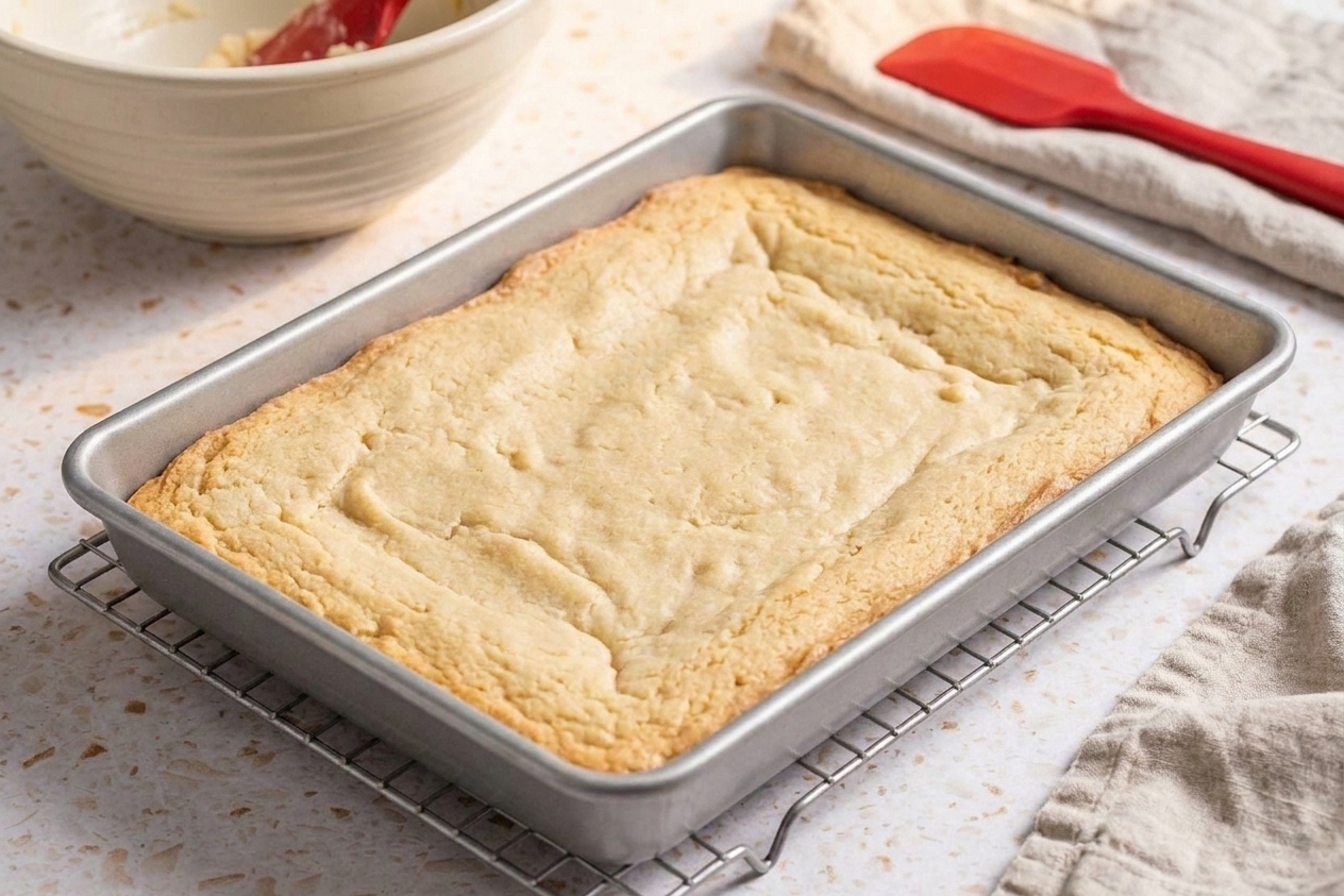 Freshly baked sugar cookie bars in a 9x13 pan with lightly golden edges