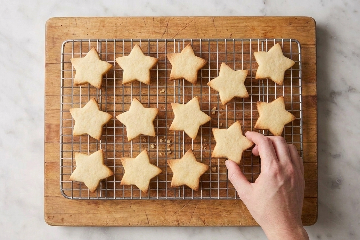 Freshly baked sugar cookies cooling on a wire rack on a kitchen counter