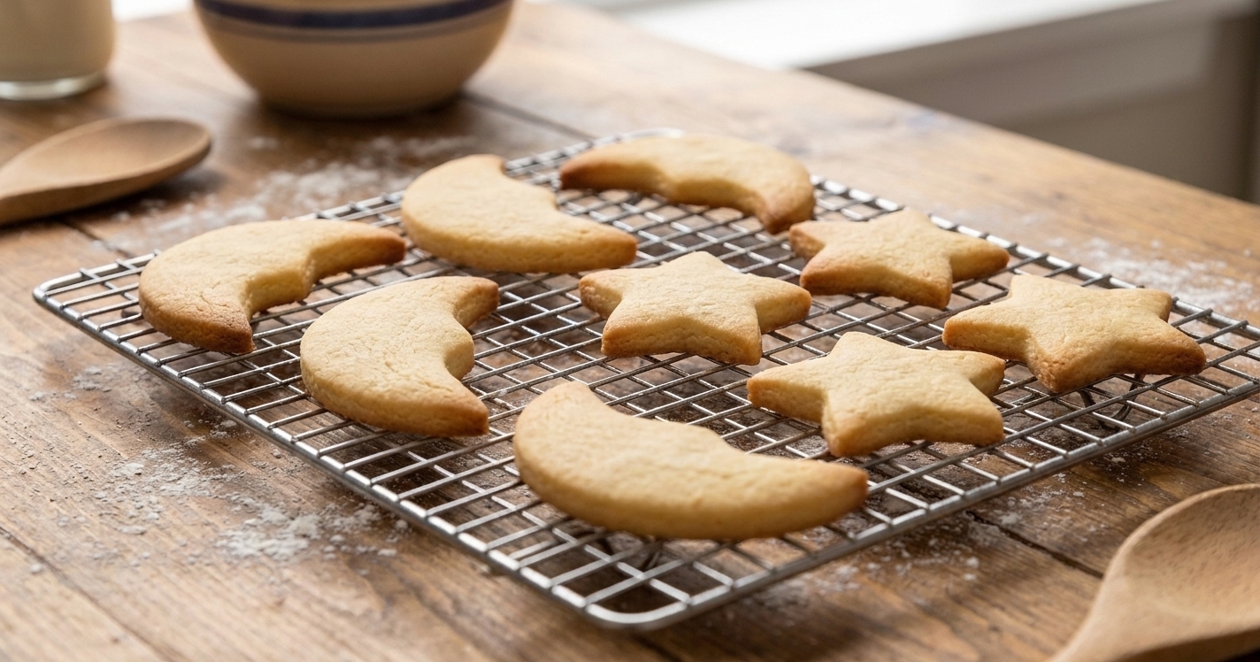 Freshly baked sugar cookies shaped like moons and stars cooling on a wire rack on a kitchen counter