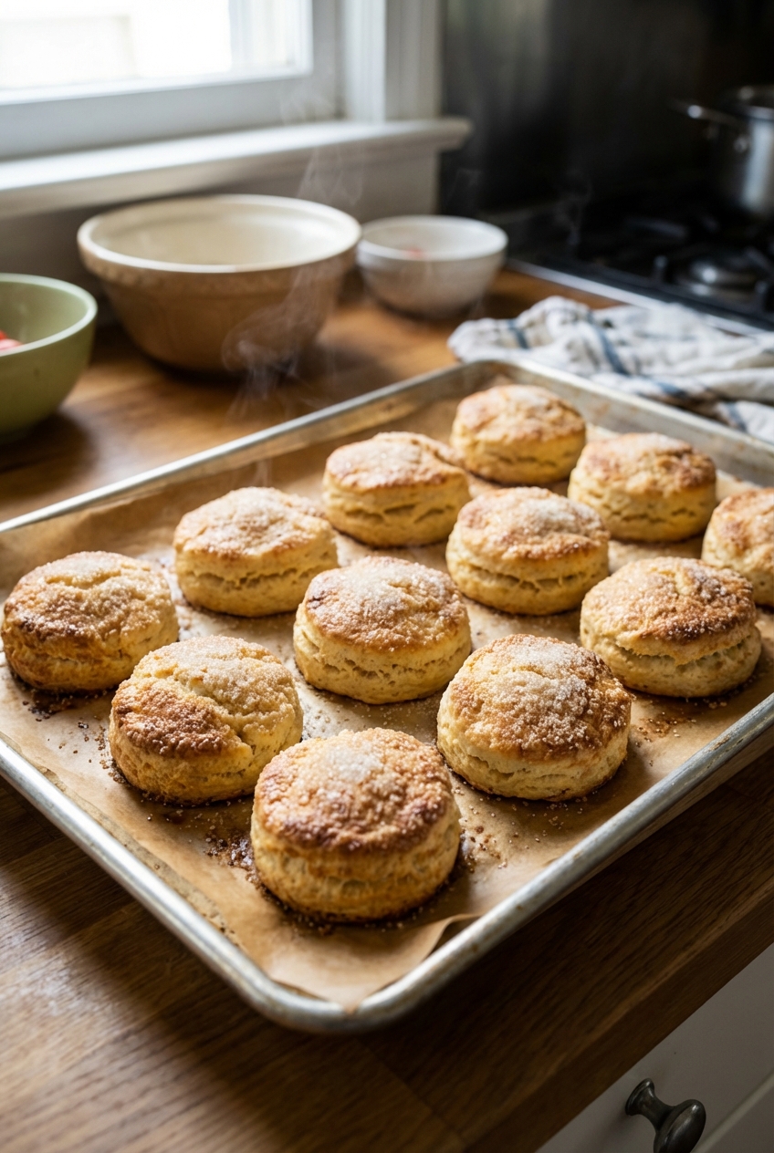 Freshly baked sugar-topped biscuits cooling on a parchment-lined baking sheet
