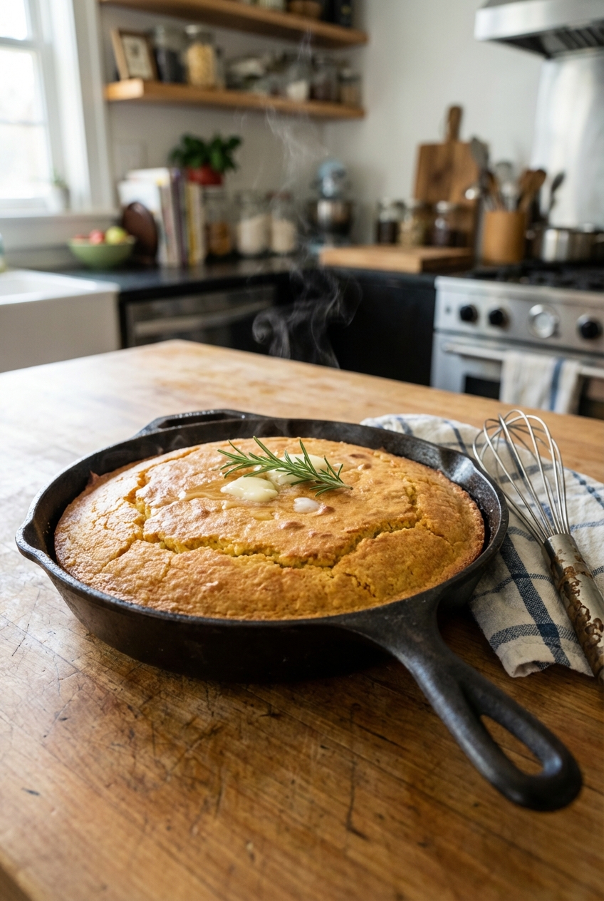 Freshly baked sweet Southern cornbread cooling in a cast iron skillet on a wooden counter