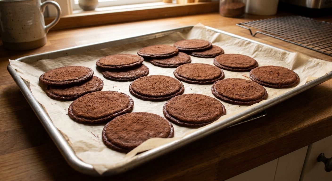 Freshly baked thin chocolate wafers on a parchment-lined baking sheet, with slightly darker edges and a matte cocoa surface