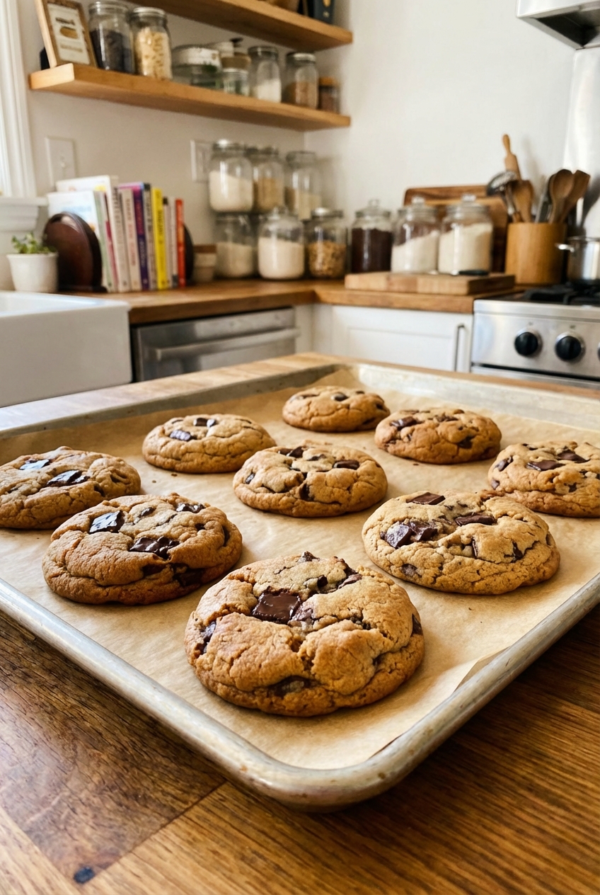 Freshly baked vegan chocolate chip cookies cooling on a parchment-lined baking sheet