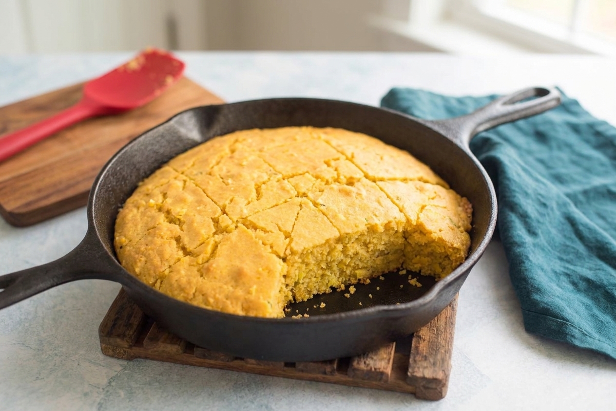 Freshly baked vegan cornbread cut into squares in a skillet, showing golden edges and a tender yellow crumb