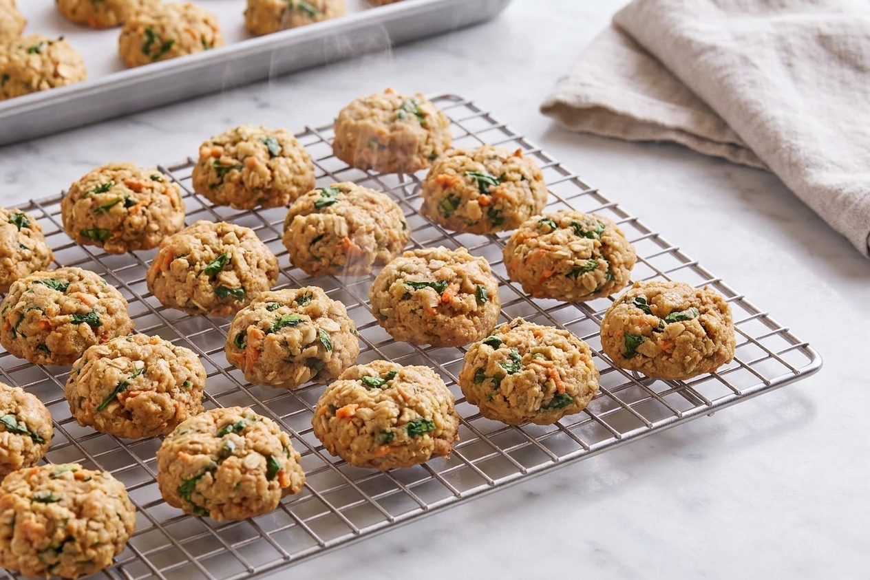 Freshly baked veggie cookie bites cooling on a wire rack on a kitchen counter
