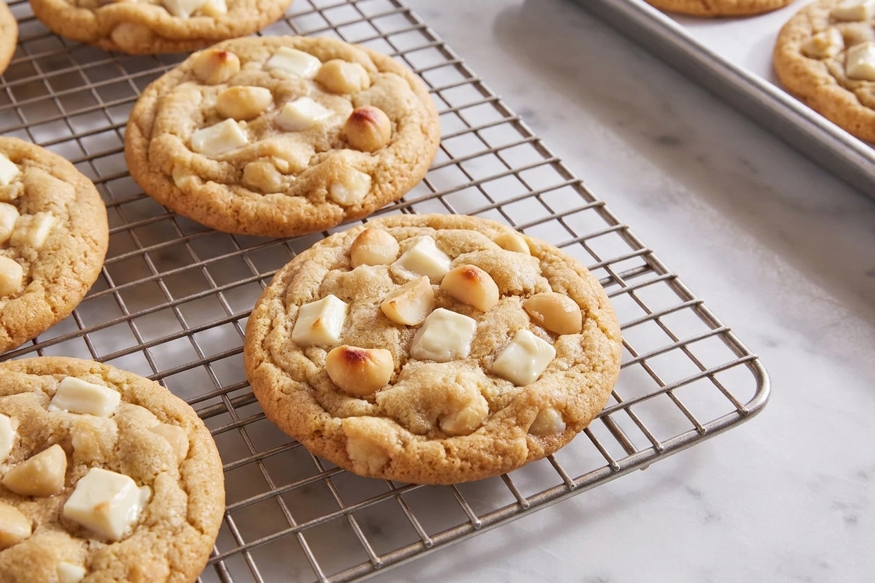 Freshly baked white chocolate macadamia nut cookies cooling on a wire rack with golden edges and visible chunks of white chocolate