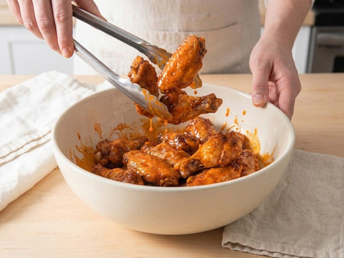 Freshly baked wings being tossed in a large bowl with glossy Buffalo sauce, tongs mid-toss