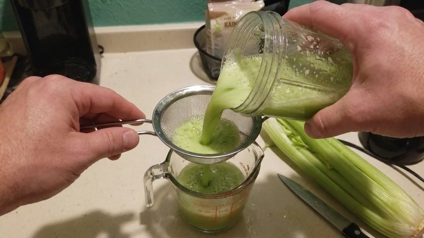 Freshly blended celery juice being poured through a fine-mesh strainer into a glass measuring cup on a countertop