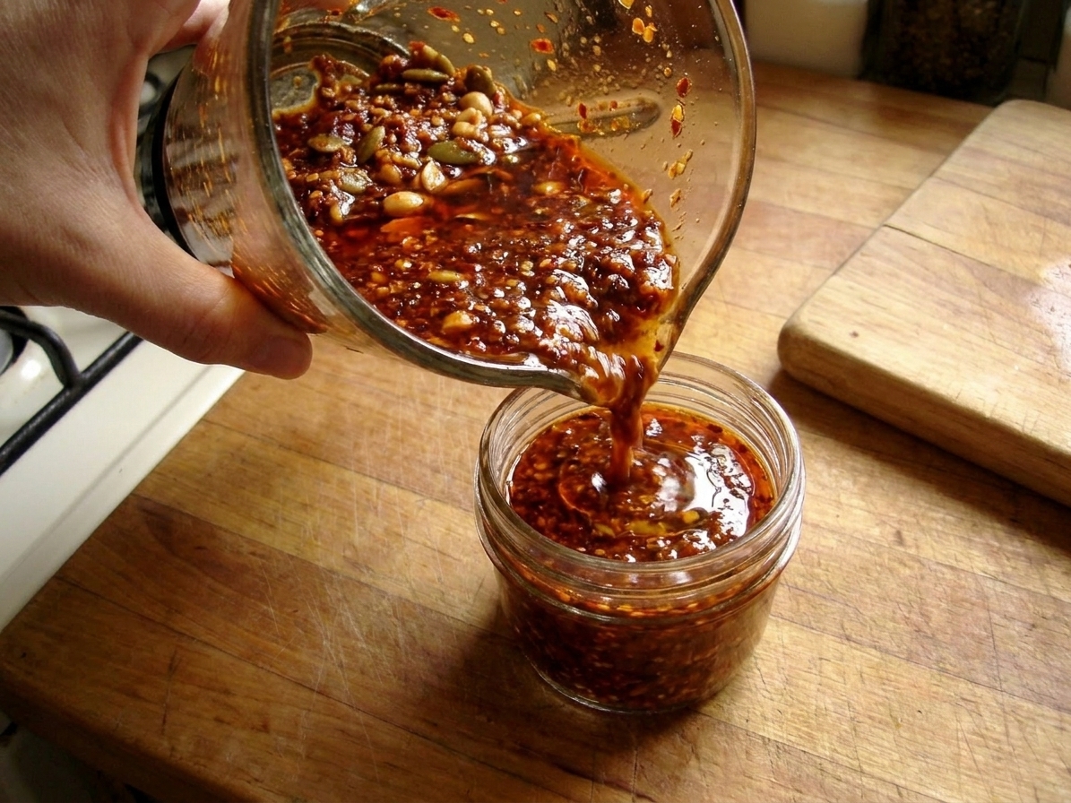 Freshly blended salsa macha being transferred into a small glass jar on a kitchen counter with a little oil sheen on top