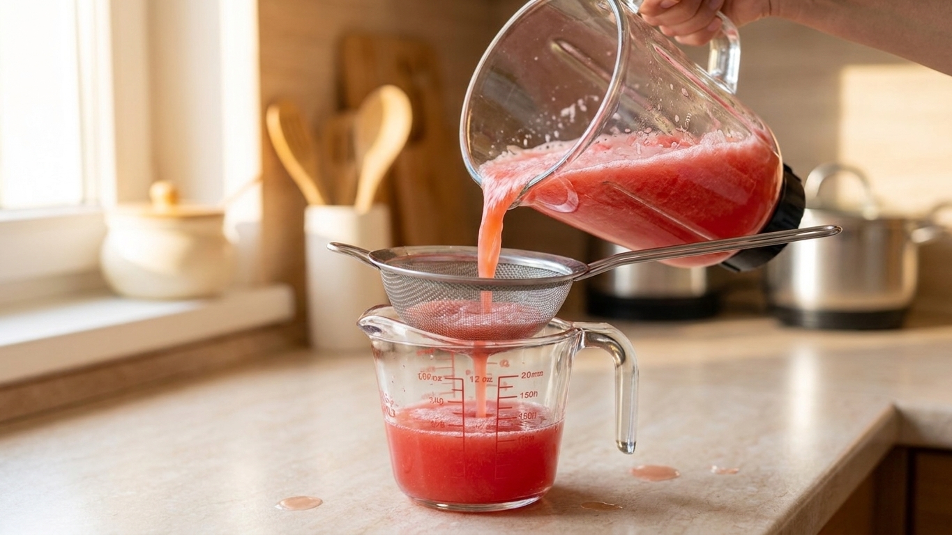 Freshly blended watermelon juice being poured through a fine mesh strainer into a glass measuring pitcher on a kitchen counter