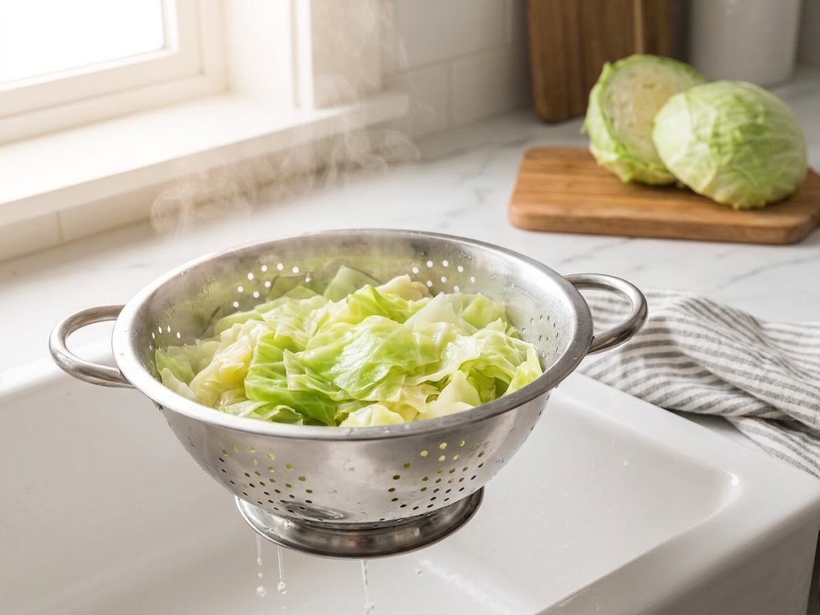 Freshly boiled chopped cabbage draining in a metal colander in a kitchen sink, with steam rising in natural window light