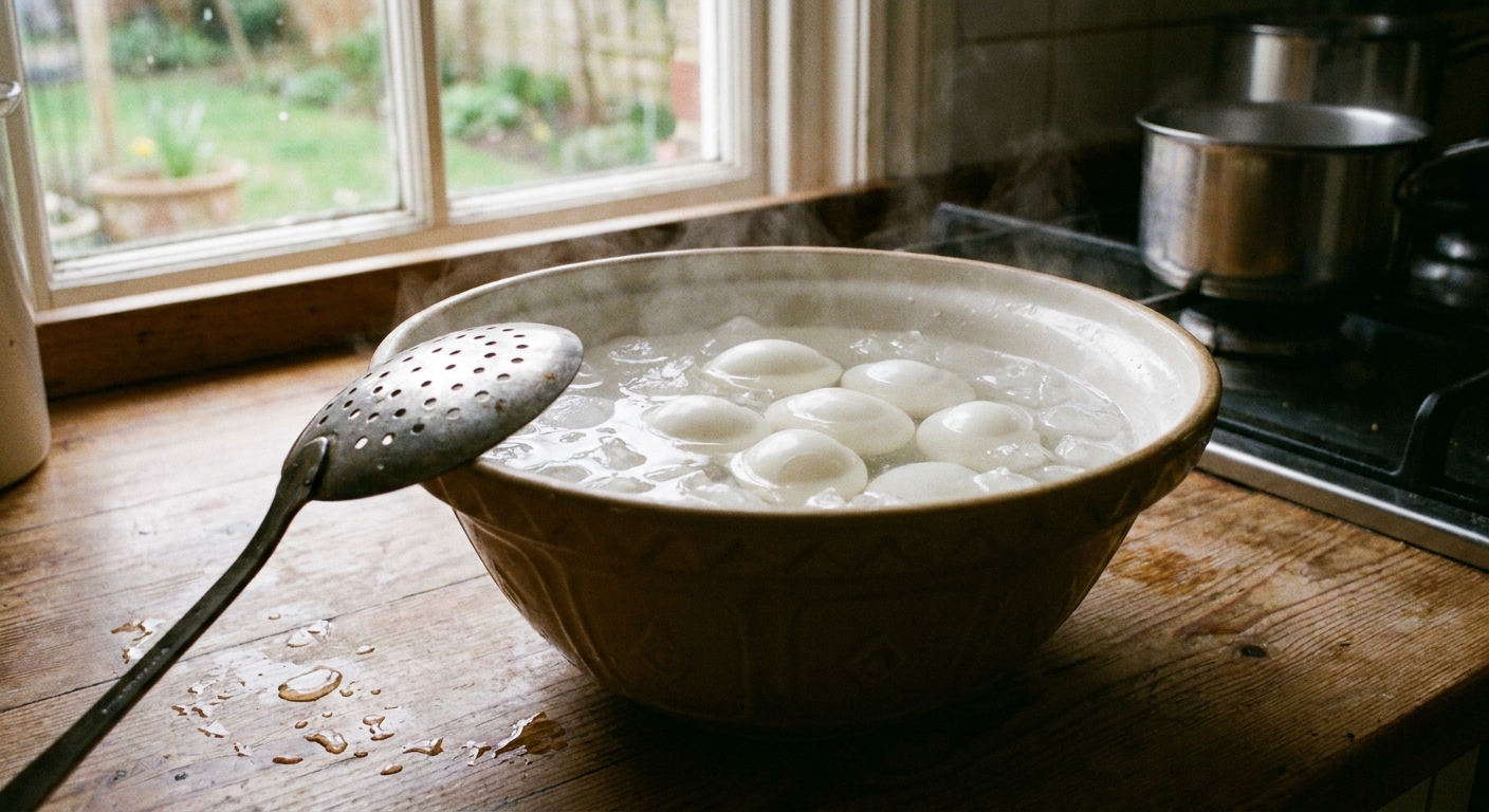 Freshly boiled eggs cooling in an ice bath with a slotted spoon nearby