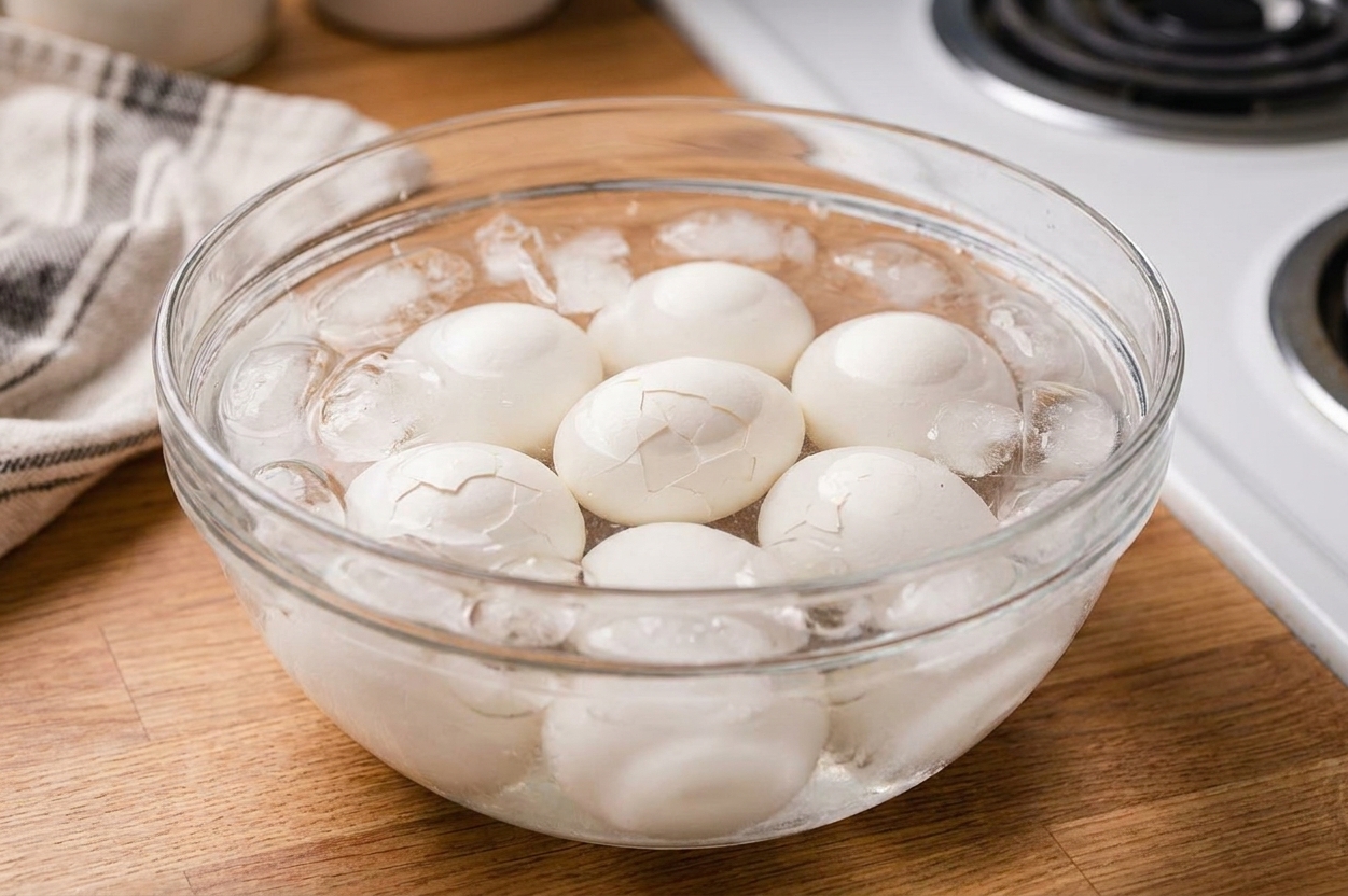 Freshly boiled eggs resting in a bowl of ice water on a kitchen counter