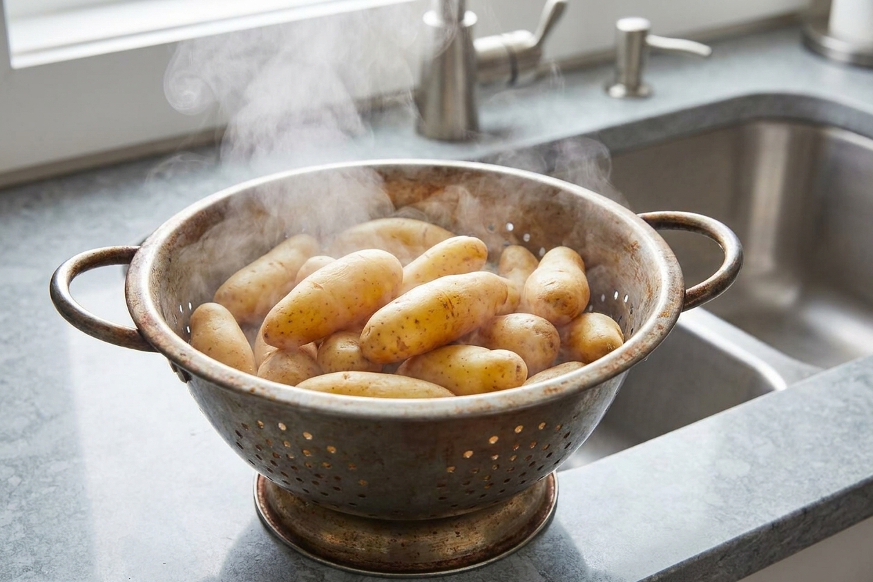 Freshly boiled fingerling potatoes steaming in a metal colander over a sink, ready to be dried and smashed