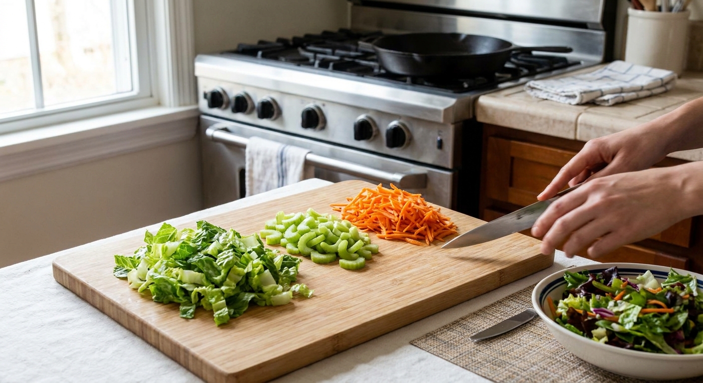 Freshly chopped lettuce, sliced celery, and shredded carrots arranged in small piles on a cutting board on a kitchen counter