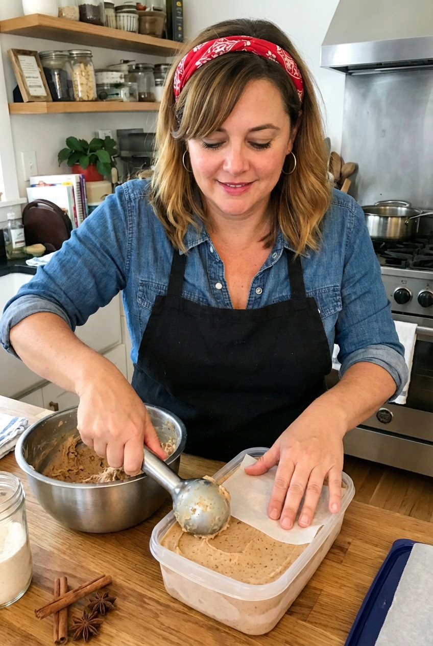 Freshly churned chai-spiced ice cream being scooped into a freezer container with parchment pressed on top