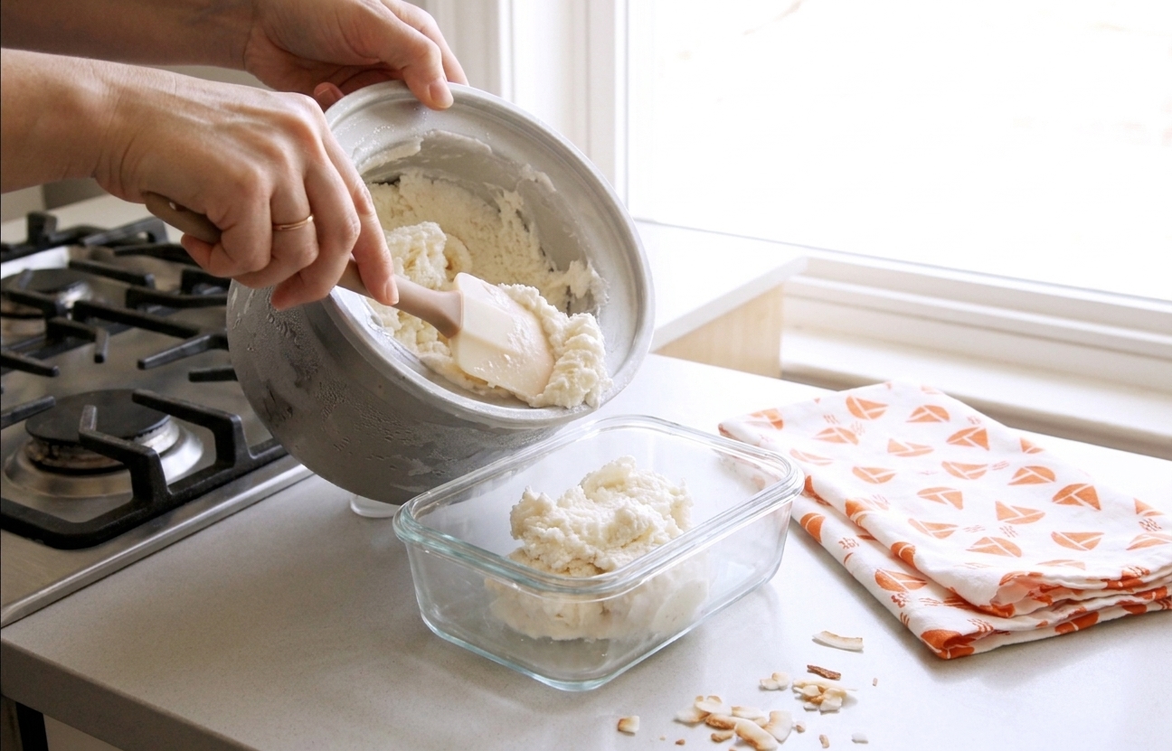 Freshly churned coconut ice cream being scraped from an ice cream maker bowl into a rectangular freezer-safe container on a kitchen counter