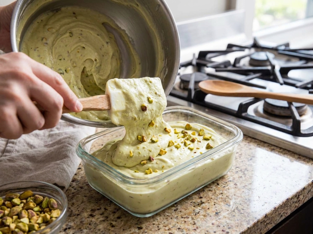 Freshly churned pistachio ice cream being smoothed into a freezer-safe container with a spatula on a kitchen counter