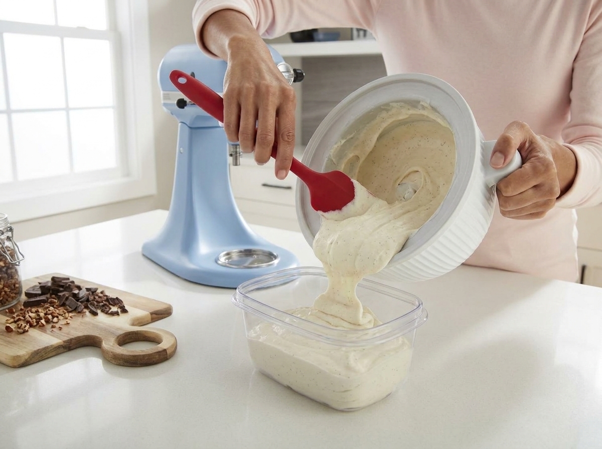 Freshly churned vanilla ice cream being scraped into a freezer-safe container on a kitchen counter with a silicone spatula