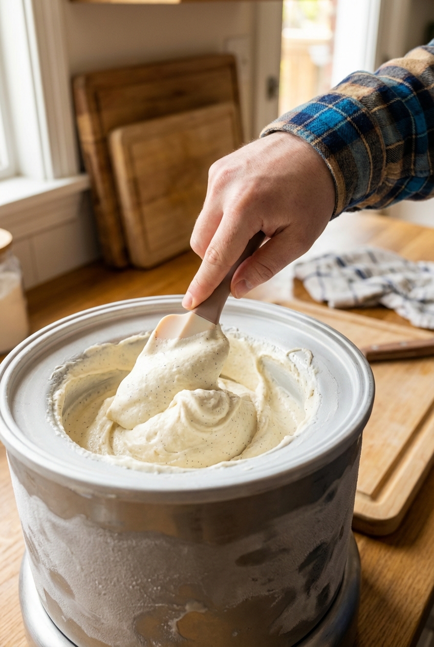 Freshly churned vanilla ice cream in an ice cream maker bowl with a spatula scraping the sides