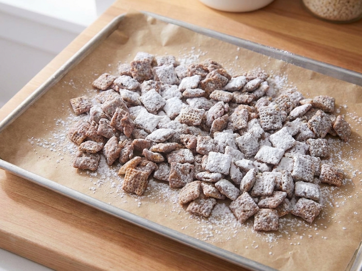 Freshly coated Muddy Buddies spread out in a single layer on a parchment-lined sheet pan to cool, powdered sugar scattered lightly on the parchment