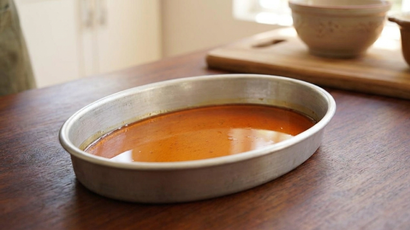 Freshly cooked amber caramel coating the bottom of an oval metal flan mold on a kitchen counter