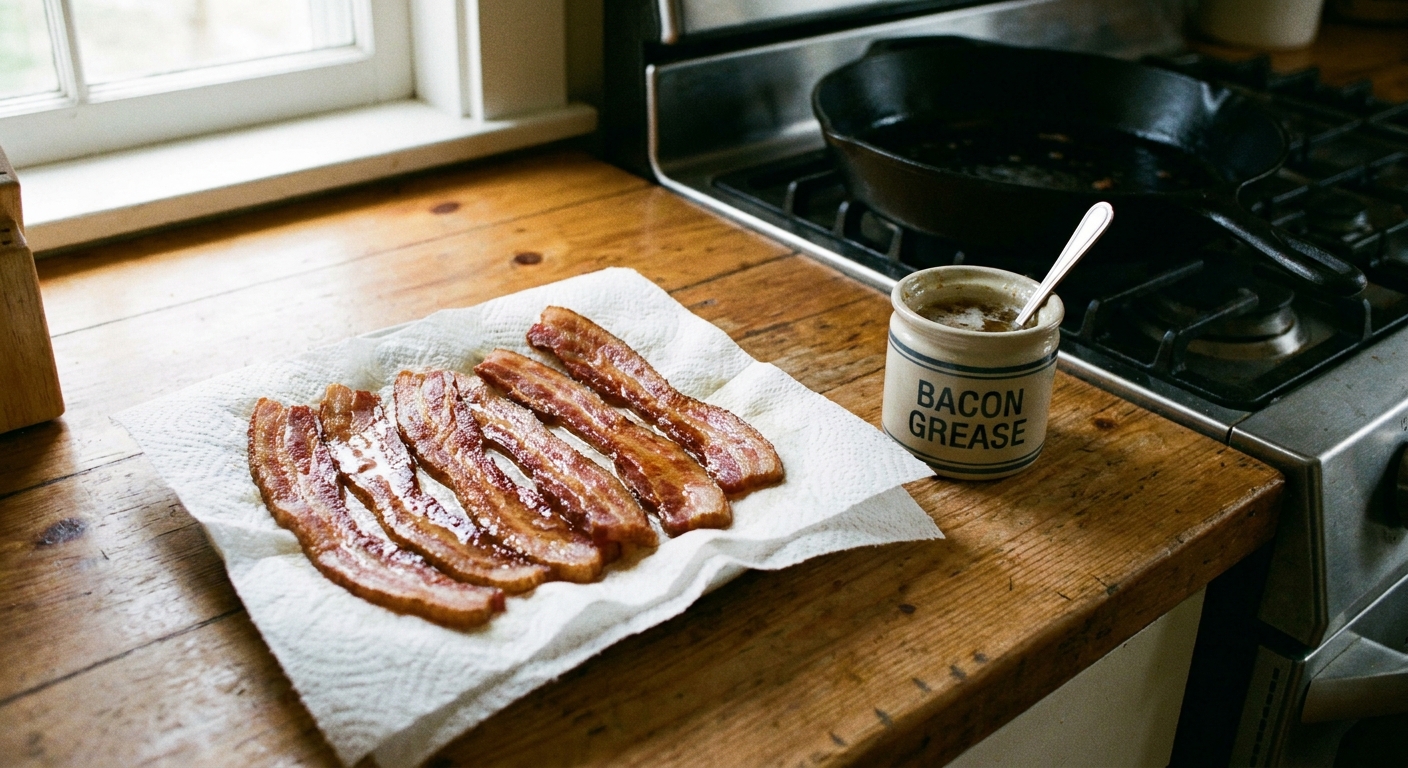 Freshly cooked bacon strips draining on paper towels with a small container nearby for collecting bacon grease