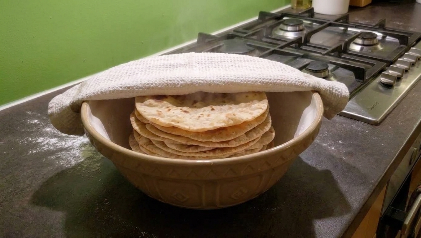 Freshly cooked chapatis stacked in a bowl and covered with a clean kitchen towel to keep them warm and soft