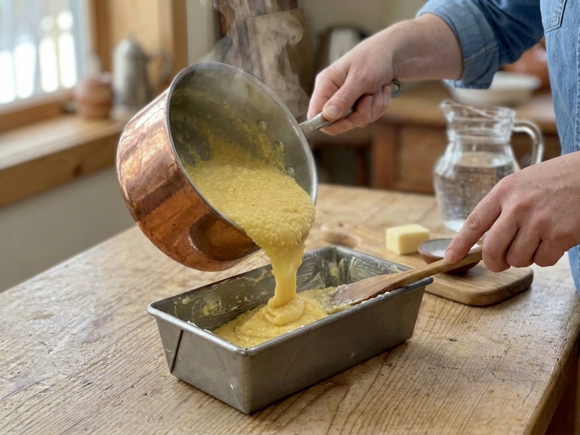 Freshly cooked cornmeal mush spread in a buttered loaf pan on a kitchen counter, surface smoothed with a spatula