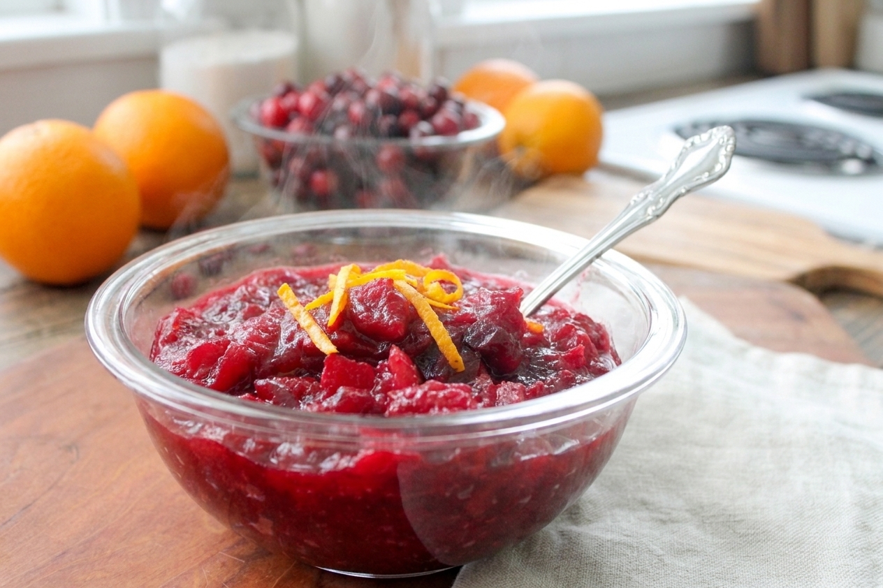 Freshly cooked cranberry orange sauce cooling in a glass bowl on a kitchen counter with a spoon resting nearby