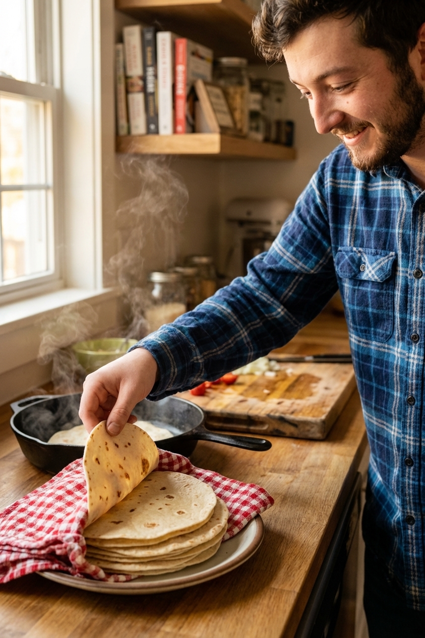 Freshly cooked flour tortillas stacked and wrapped in a clean kitchen towel on a plate beside a hot skillet, cozy home kitchen scene, photorealistic food photography