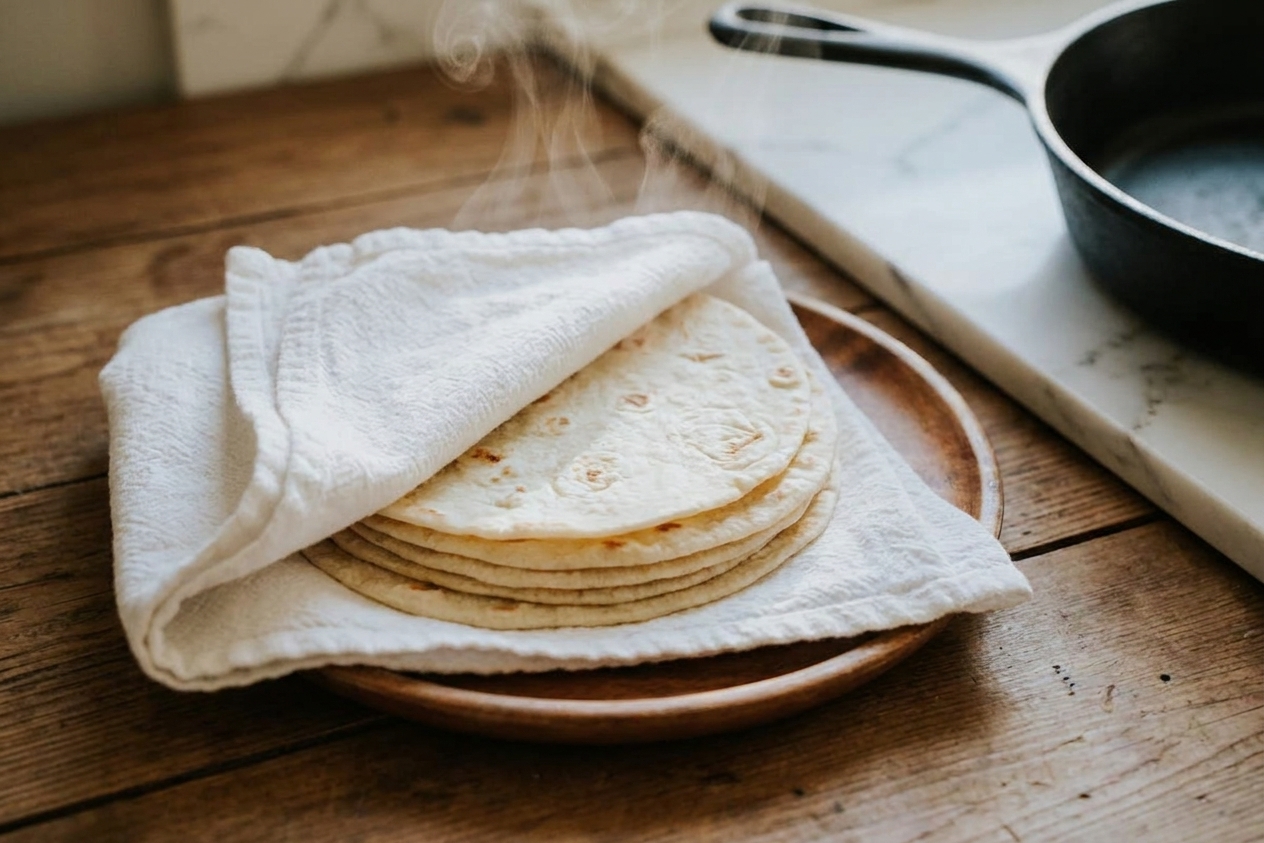 Freshly cooked flour tortillas stacked and wrapped in a clean kitchen towel on a plate on a wooden table, soft steam rising