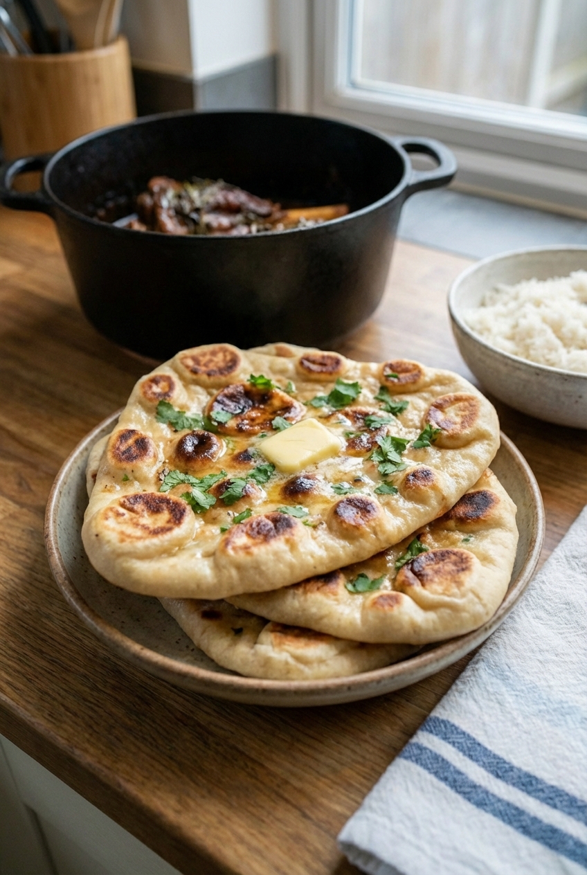 Freshly cooked naan bread with browned bubbles on a plate
