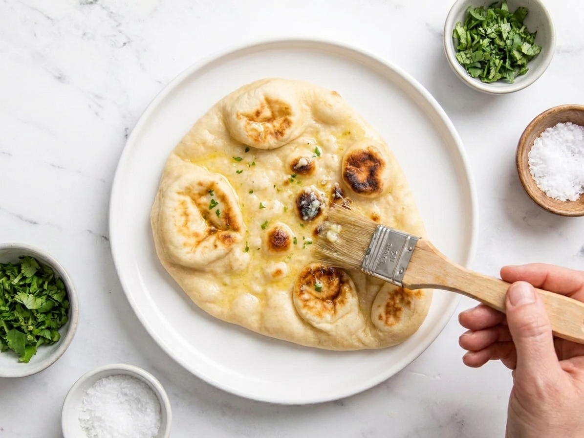 Freshly cooked naan on a plate being brushed with melted garlic butter, with chopped cilantro and flaky salt nearby