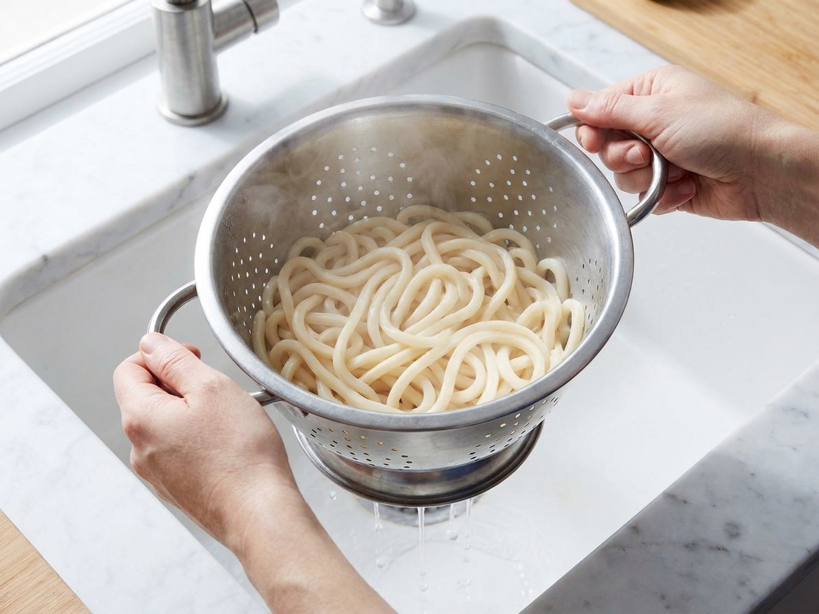 Freshly cooked noodles being drained in a colander over a kitchen sink