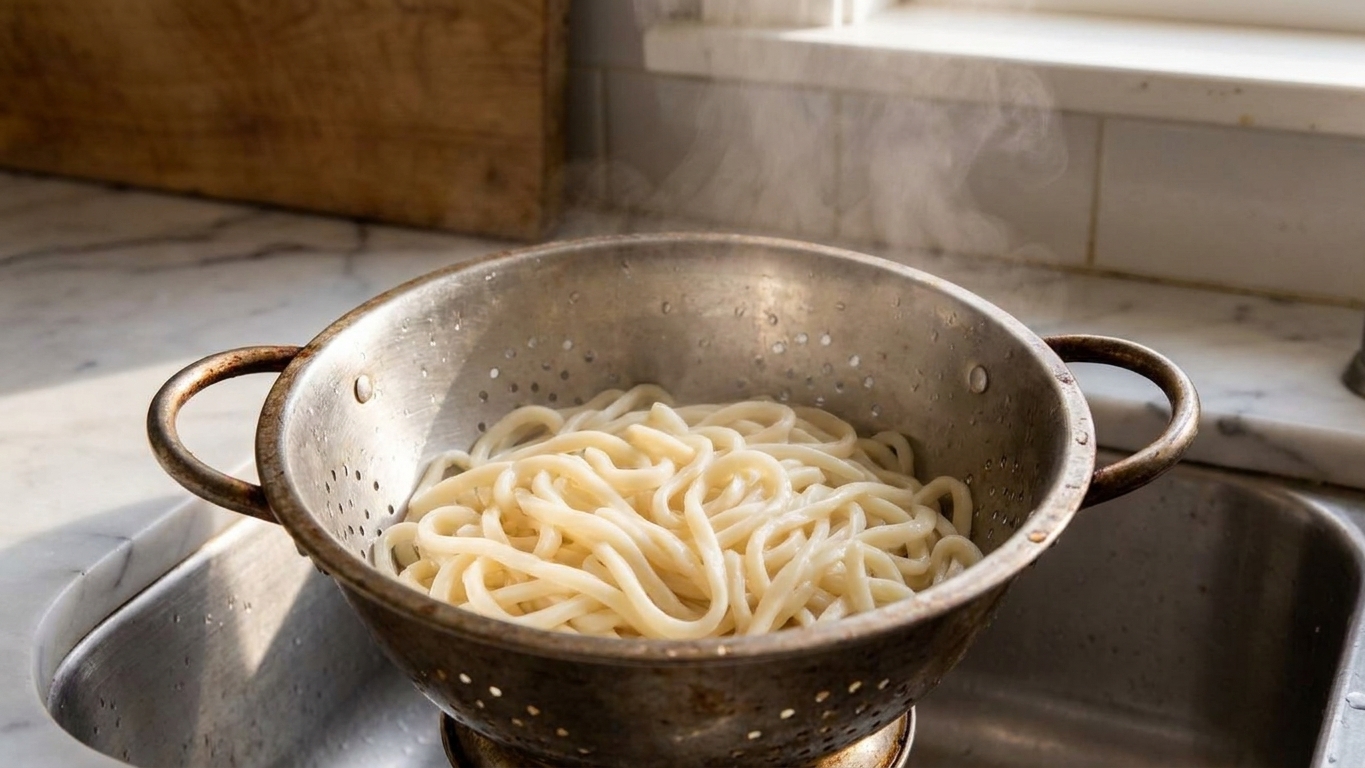 Freshly cooked noodles draining in a metal colander at a kitchen sink, with water droplets and steam fading