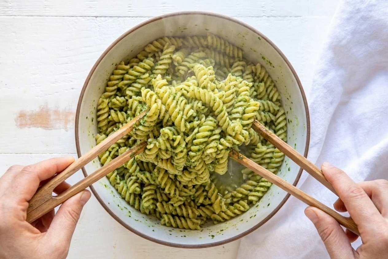 Freshly cooked pasta being tossed in a bowl with bright green pesto and a splash of pasta water, with tongs lifting the noodles