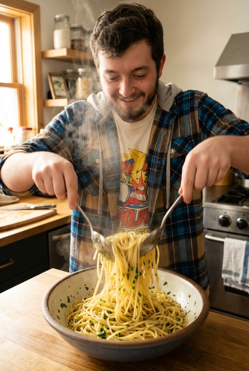 Freshly cooked pasta being tossed in a large bowl with lemon herb vinaigrette while still warm