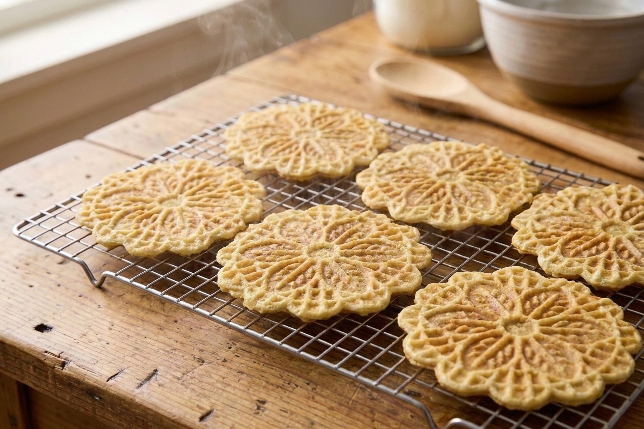 Freshly cooked pizzelle cookies cooling in a single layer on a wire rack