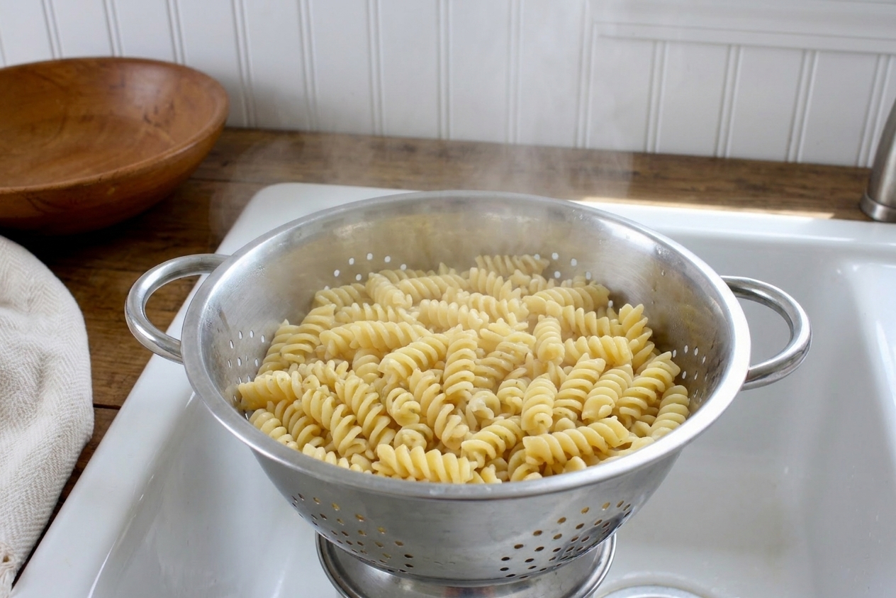 Freshly cooked rotini draining in a stainless steel colander in a kitchen sink with steam rising