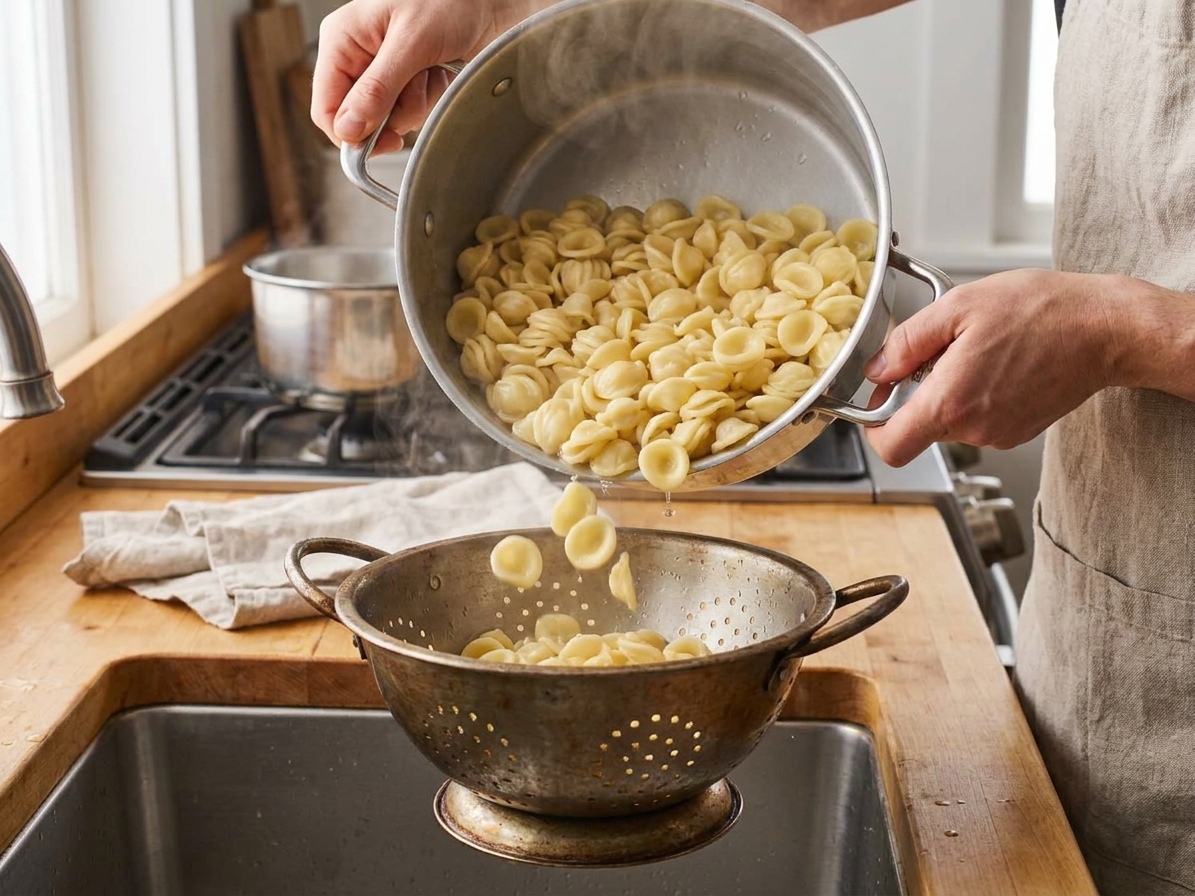 Freshly cooked short pasta being drained in a metal colander
