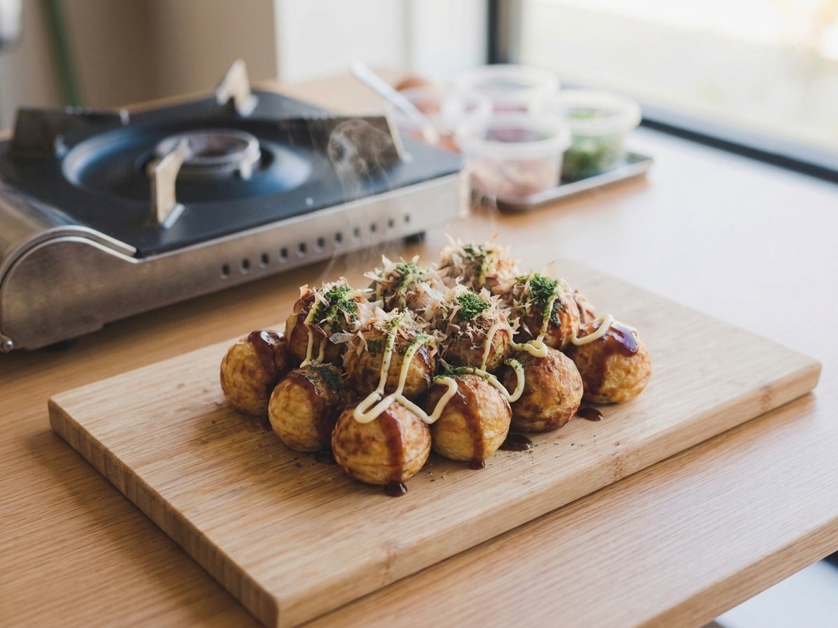Freshly cooked takoyaki piled on a wooden board, glossy with takoyaki sauce and Japanese mayo, topped with bonito flakes and aonori