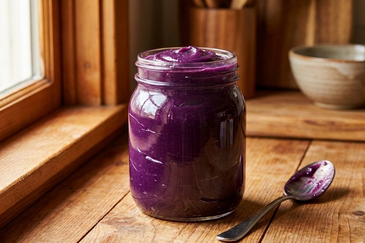 Freshly cooked ube halaya smoothed into a glass container and cooling on a kitchen counter