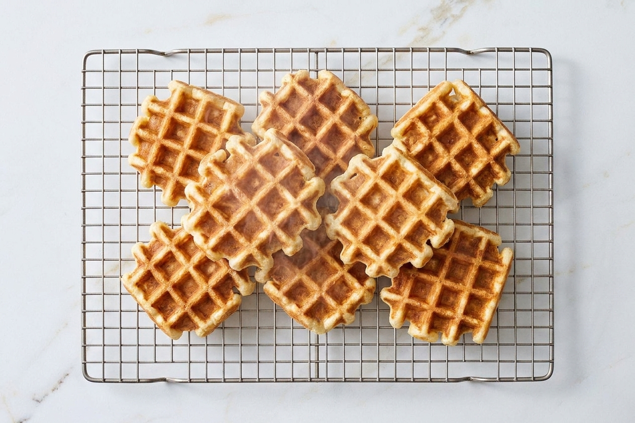 Freshly cooked waffles cooling in a single layer on a metal wire rack on a kitchen counter